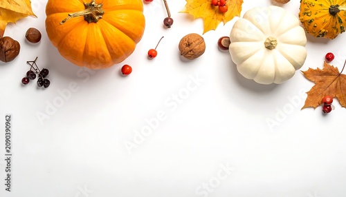 Harvest bounty with pumpkins, gourds, autumn leaves, and nuts scattered across a white background, seasonal decoration