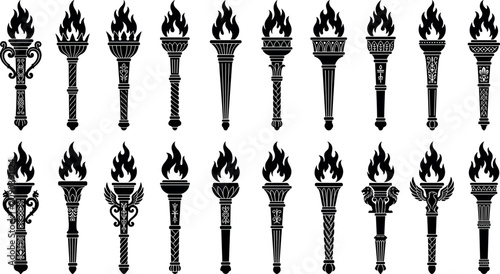 Konstfotografi Vintage flame torch collection featuring detailed black silhouettes with majesti