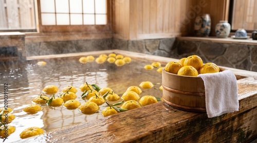 Japanese Yuzu Spa Bath with Citrus Fruits Floating in Wooden Hot Spring Tub and Towel for Relaxing Onsen Wellness Concept
