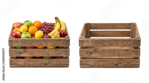 Rustic wooden crate with fresh organic fruit, empty timber box for grocery storage, assortment of colorful apples oranges and bananas in wood container isolated PNG with Transparent Background