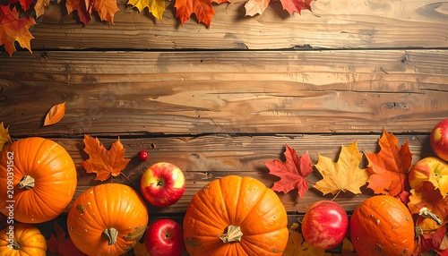 Harvest season border with pumpkins, apples, and colorful autumn leaves on rustic wooden planks, fall celebration backdrop
