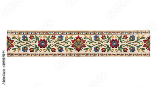 Vintage floral embroidery border, traditional folk art textile pattern, ornamental fabric ribbon with red and blue flowers and green leaves isolated PNG with Transparent Background