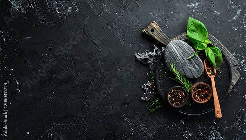 Herbs and spices for cooking, fresh basil and rosemary with peppercorns on a wooden cutting board, rustic food preparation and seasoning
