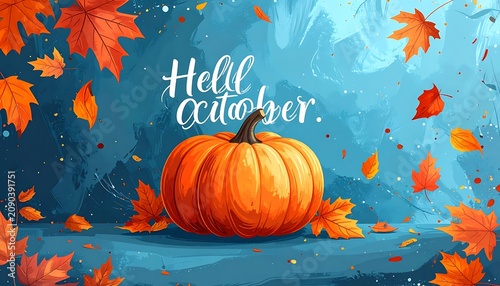 Hello October greeting with a large pumpkin and falling autumn leaves on a textured blue background, seasonal celebration