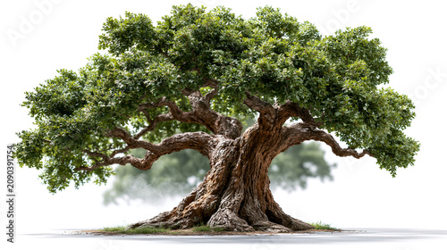 Large ancient oak tree with thick gnarly branches majestic environment isolated background