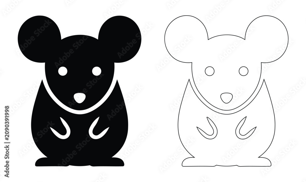 Obraz premium Cute Mouse Silhouette and Outline Vector Graphic, Little Rat Cartoon Character Illustration, Field Mouse Rodent Silhouette