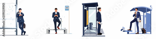 Businessman in various poses waiting at a bus stop during a rainy day, commuting, and traveling for work.