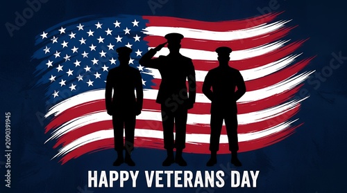 Happy Veterans Day banner with soldier silhouettes, patriotic American flag background, military honor and respect concept