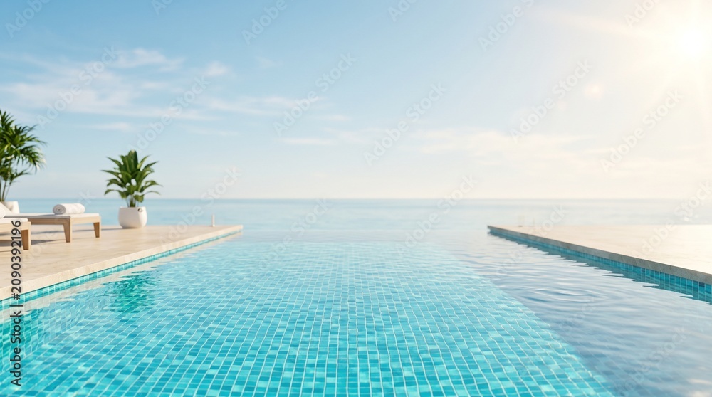 Fototapeta premium Luxury Infinity Pool with Blue Mosaic Tiles Ocean Horizon and Bright Sunlight for Summer Resort Travel Vacation Background