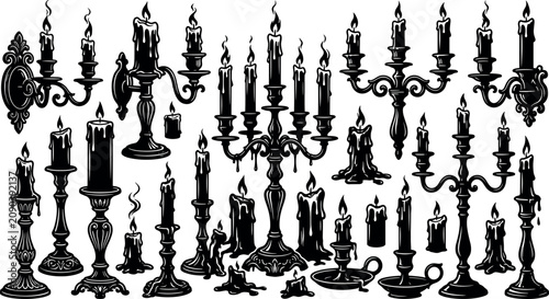 Bild auf Leinwand Vintage gothic candelabra collection featuring detailed black silhouettes of mel