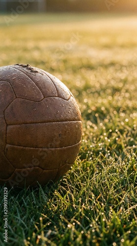 Old Leather Football Resting on Dew-Covered Grass in Soft Morning Light