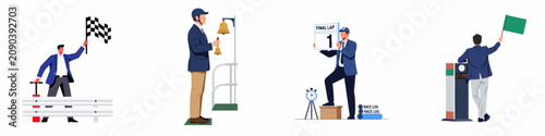 Tableau sur toile Set of professional race official characters with competition equipment like flags, bells, and lap signs in a flat vector style