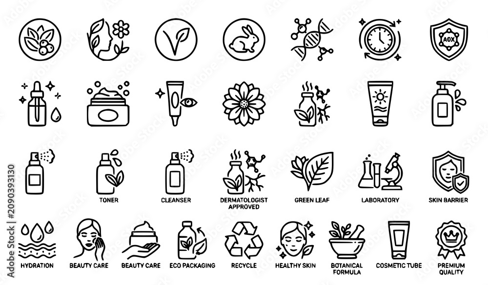 Fototapeta premium Natural Skincare and Cosmetic Outline Icon Set with Organic Vegan Collagen Editable Stroke Vector Collection