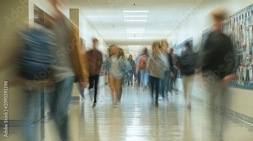 Crowd of high school students walking through busy school hallway with motion blur during class change