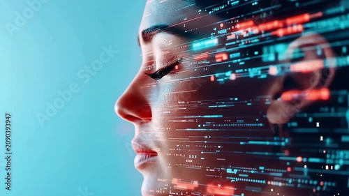 Digital Face Profile Technology Overlay Woman with Data Code Flow Interface