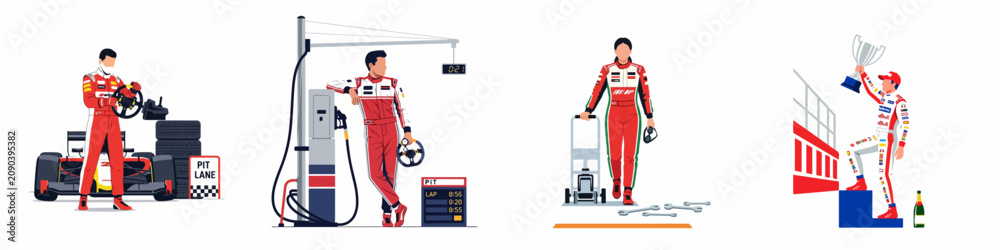 Obraz premium Set of Professional Racing Illustrations featuring Formula One Drivers in Pit Lane, Car Maintenance, and Victory Celebration with Trophy on Podium