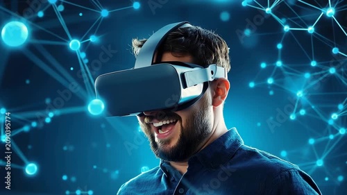 Virtual reality headset man technology network happy digital connection wearing vr