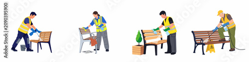 Set of diverse professional cleaners in high-visibility vests cleaning wooden park benches with various tools in a flat illustration style.