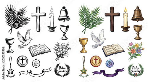 Obraz na płótnie Collection of Christian religious symbols and elements, including crosses, doves, candles, and palm branches, in both sketch and color versions