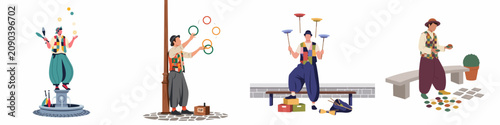 Set of four colorful illustrations featuring street performers juggling balls, rings, and spinning plates in various urban outdoor settings.