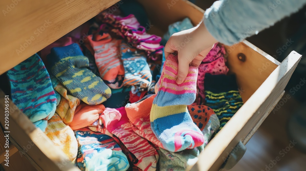 Naklejka premium Organizing colorful socks in a wooden drawer.