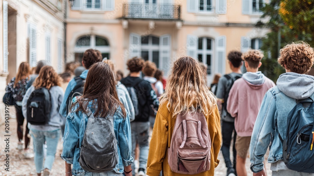 Obraz premium High school students walking together from behind on campus with copy space for education text