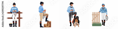 Cuadro en lienzo Set of horse racing jockey illustrations in various poses with equestrian equipment including saddle, podium, fence, and gate on a white background