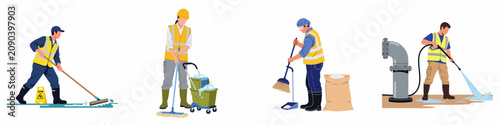 Bild auf Leinwand Set of diverse industrial cleaners and maintenance workers wearing safety gear and using professional equipment like mops, squeegees, and pressure washers