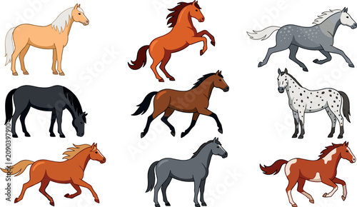Bild auf Leinwand Horse Vector Set with Different Colors and Poses Including Running, Standing, Gr