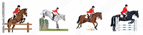 Quadro su tela Professional horse riding and show jumping illustrations set featuring riders in red jackets performing jumps over various obstacles