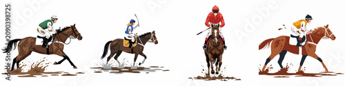 Set of four vector illustrations showing jockeys racing horses on a muddy track, featuring dynamic motion and water splashes on a white background.