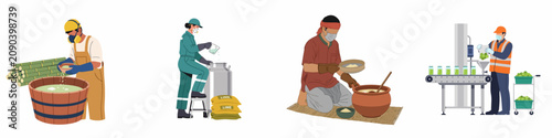 Set of illustrations depicting workers in various industrial and traditional processing environments, showing manufacturing, safety equipment, and production stages.