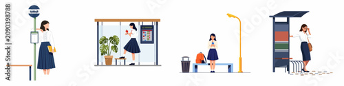 Collection of vector illustrations showing female students and a professional woman waiting at various urban bus stops, representing daily city commuting.
