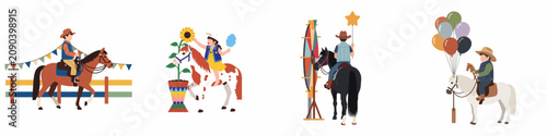 Set of illustrations depicting children in cowboy hats riding ponies and horses at a carnival, featuring balloons, cotton candy, and festive decorations.