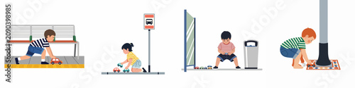 Illustrations of young children playing with toy cars at various outdoor locations like a bus stop and sidewalk, capturing the innocence of childhood imagination.