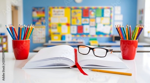 Open Book with Eyeglasses Colorful Pencils in Red Cups and Yellow Pencil in Classroom Back to School Concept