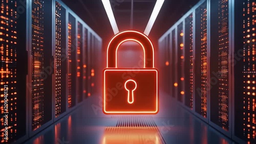 Cybersecurity Lock Security Data Server Network Glowing Padlock Corridor