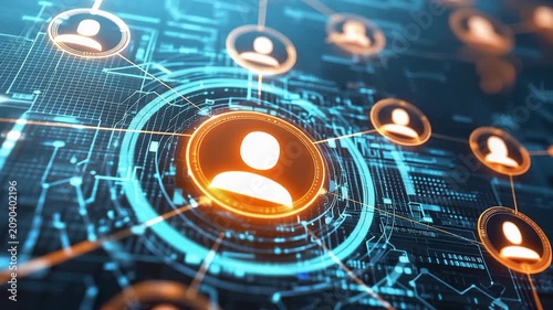 Digital network profile connection interface with glowing user icon data link hub
