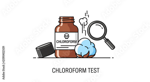 Minimalist illustration of a chloroform bottle, cotton ball, and magnifying glass, conceptualizing a chemical test, isolated on white background.