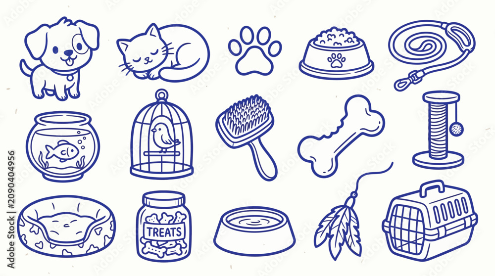 Fototapeta premium Cute cartoon collection of pet care items and accessories, including a dog, cat, fishbowl, and toys.