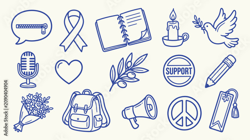 Collection of hand-drawn icons representing peace, support, and social causes.