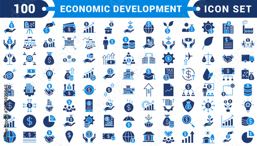 Economic development icon set collection in flat style. Icon pack contains finance, growth, investment, income, wealth, industry, trade, employment, innovation, productivity