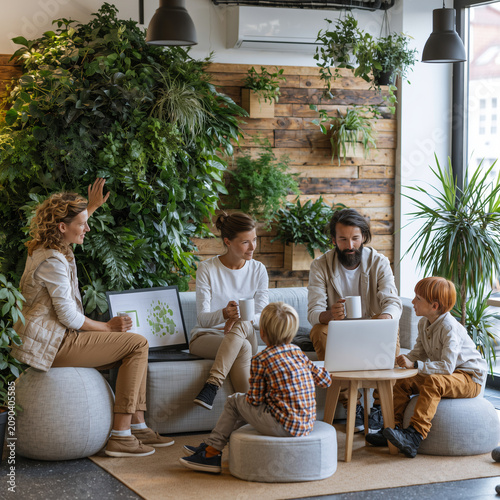 Family gathers around cozy, green-filled living space. Parents and kids relax with laptops, sharing moments. Natural light enhances warm, earthy tones. Plants cover walls and floors