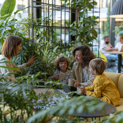 Greenery surrounds warm, smiling family at cafe. Mother gestures toward plants as children listen. Parents and kids share coffee, laughter, and connection. Natural light filters through glass