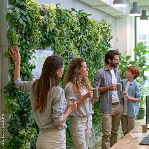 Lush greenery grows tall on a living wall. Four people smile, chatting beside the wall. Hands reach toward leaves, expressing delight. Warm lighting enhances the natural, inviting atmosphere