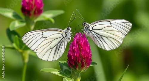 Delicate White Butterflies Feeding on Pink Clover Flower in Green Meadow