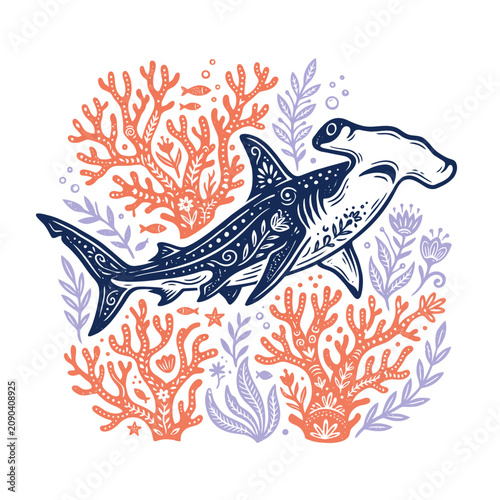 Vibrant Hammerhead Shark Swimming Amidst Ornate Coral Reefs in Navy and Orange Hues