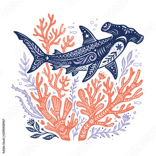 Intricate Folk Art Illustration Featuring a Majestic Hammerhead Shark Swimming Among Vibrant Coral Reefs and Underwater Flora
