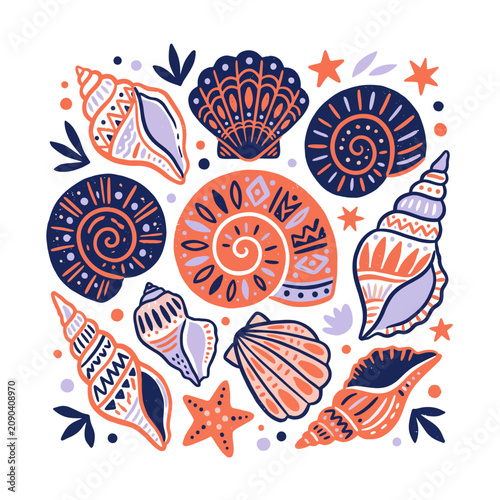 Vibrant Collection of Artistic Seashell Illustrations with Starfish and Swirl Motifs