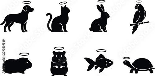 Photos Set of pet animal silhouettes with halos representing deceased pets isolated on